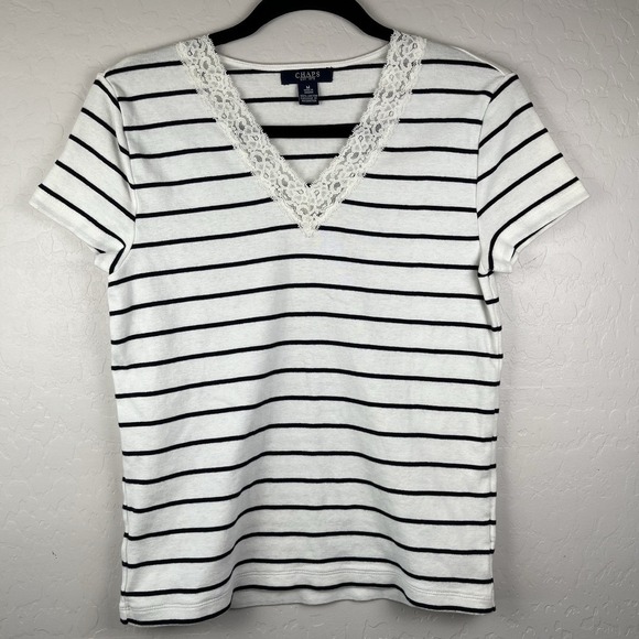 Chaps Tops - Chaps Ralph Lauren Short Sleeve Women's Sz M Striped Lace V-neck Western Cottage